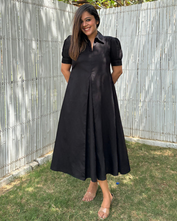 Black Cotton A-line Dress