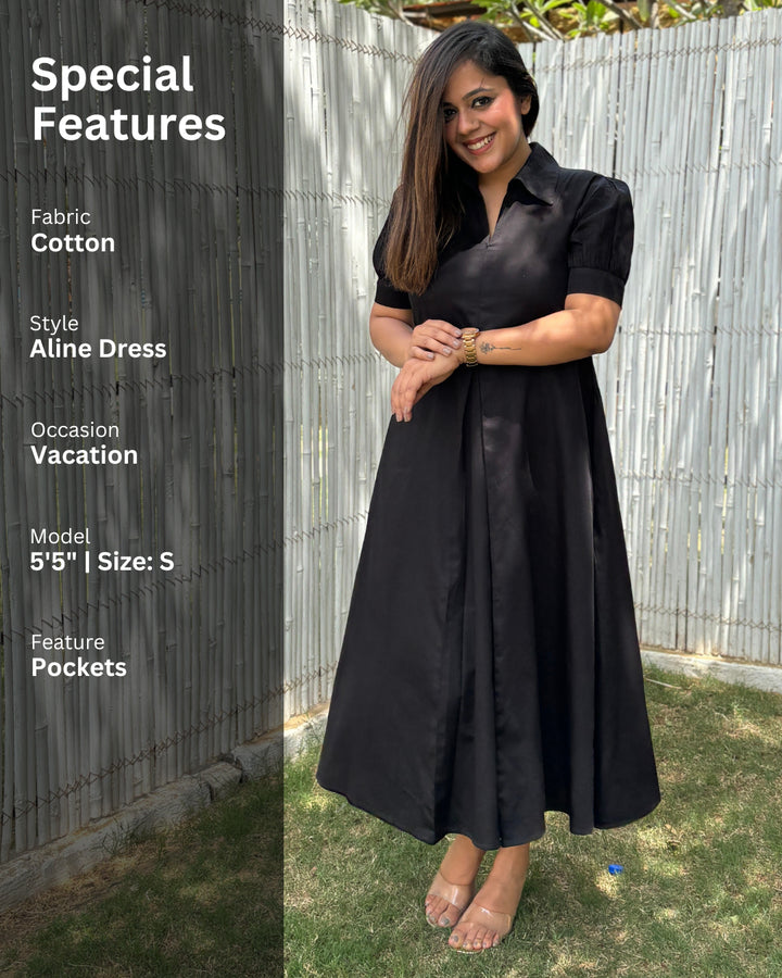 Black Cotton A-line Dress