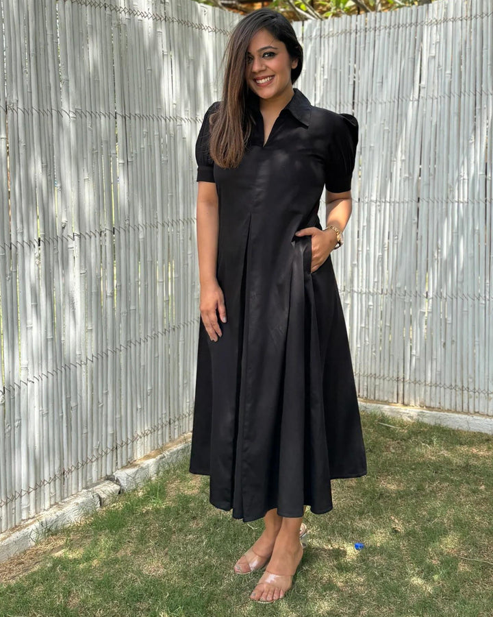 Black Cotton A-line Dress
