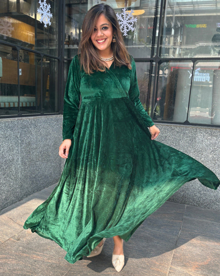 Green velvet fit and flare dress best sale