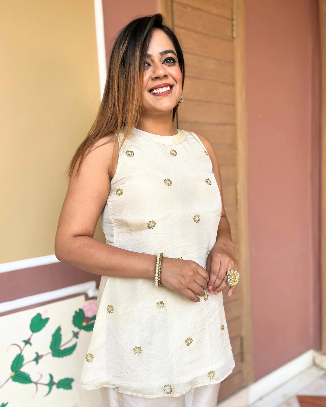 Ivory Gold Sleeveless Festive Top For Women