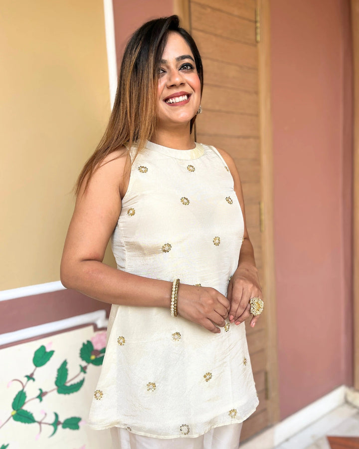 Ivory Gold Sleeveless Festive Top For Women