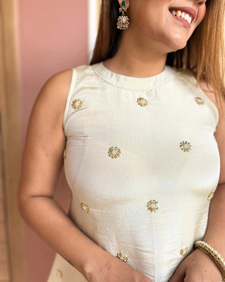 Ivory Gold Sleeveless Festive Top For Women