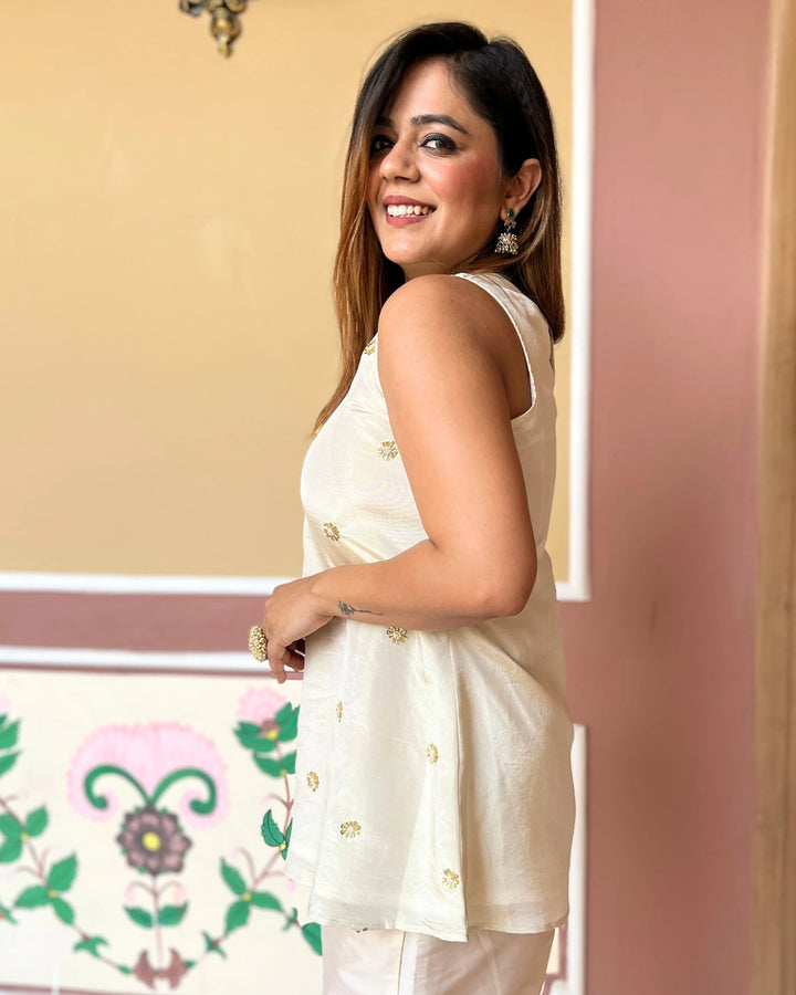 Ivory Gold Sleeveless Festive Top For Women