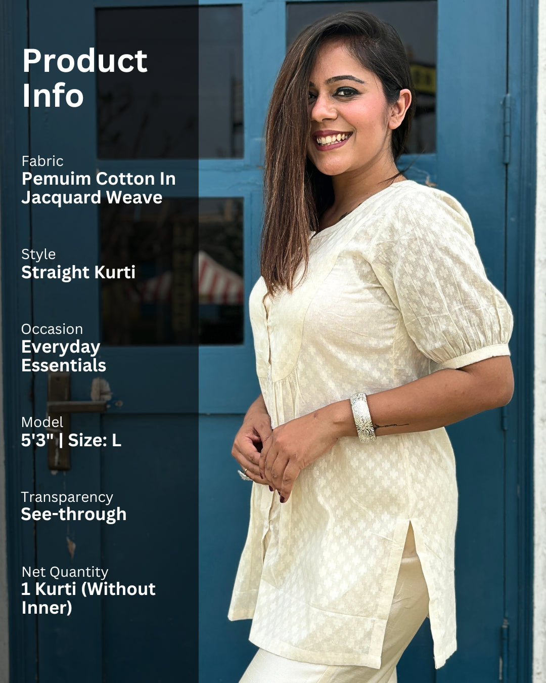 Off White Front Buttoned Cotton Straight Kurti