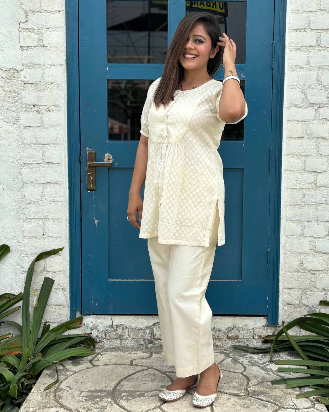 Off White Front Buttoned Cotton Straight Kurti