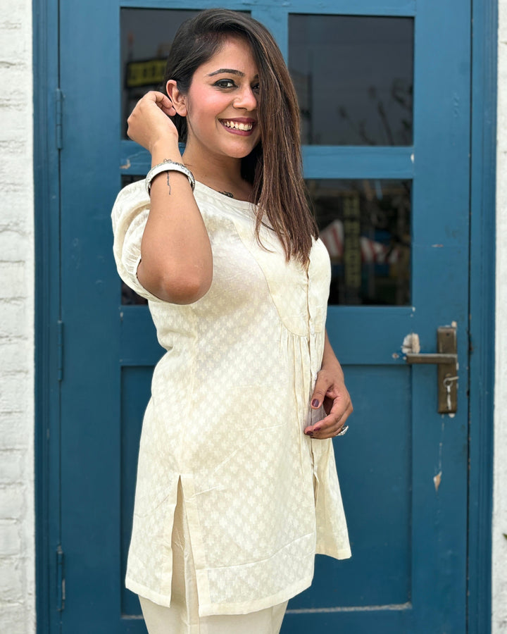 Off White Front Buttoned Cotton Straight Kurti