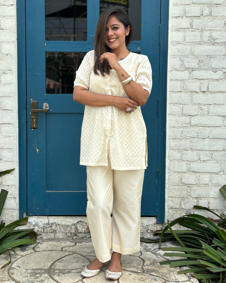 Off White Front Buttoned Cotton Straight Kurti