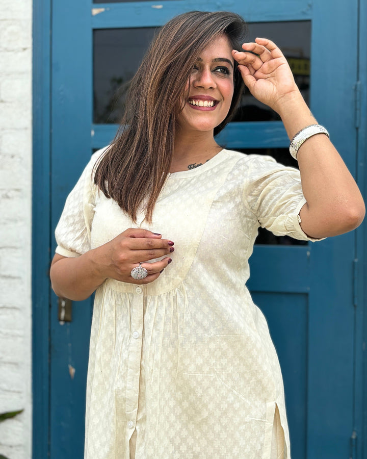 Off White Front Buttoned Cotton Straight Kurti