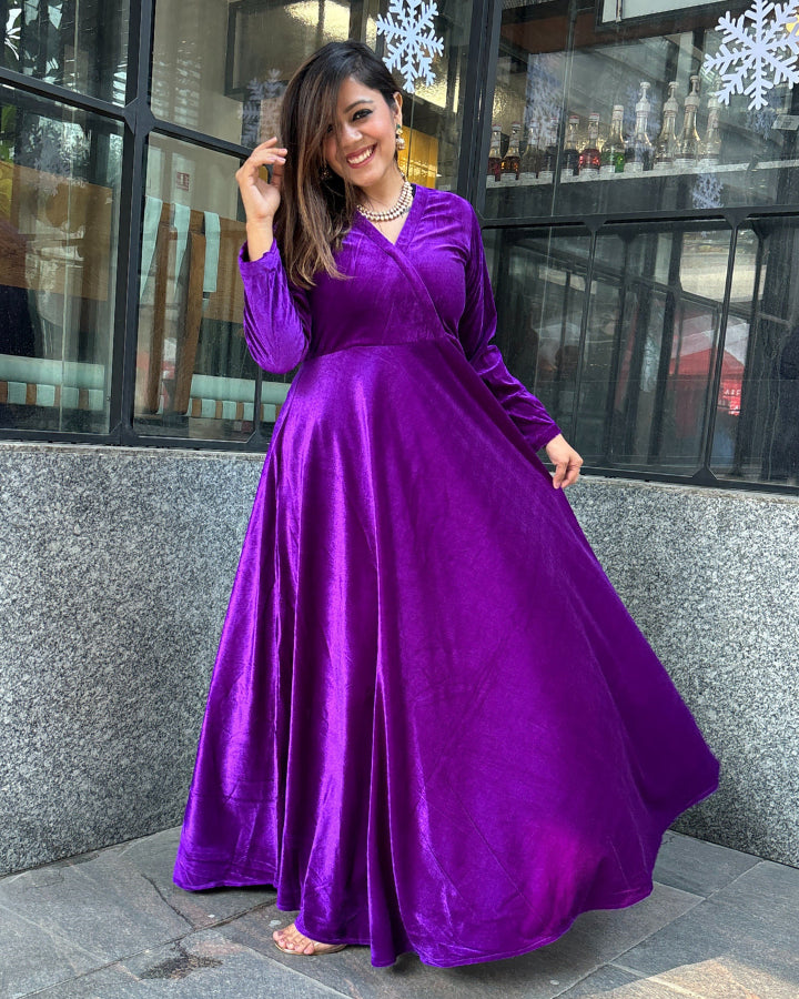 Purple velvet long dress deals