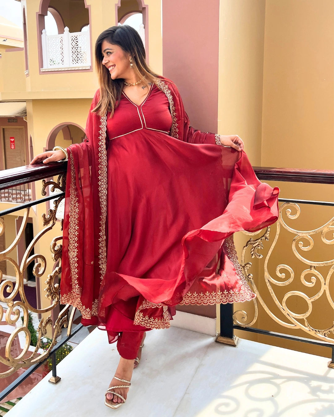 Ruhani Red Anarkali Suit with Dupatta - Set of 3