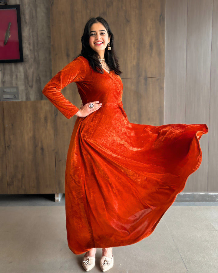 Rust Orange Fit and Flare Long Velvet Dress