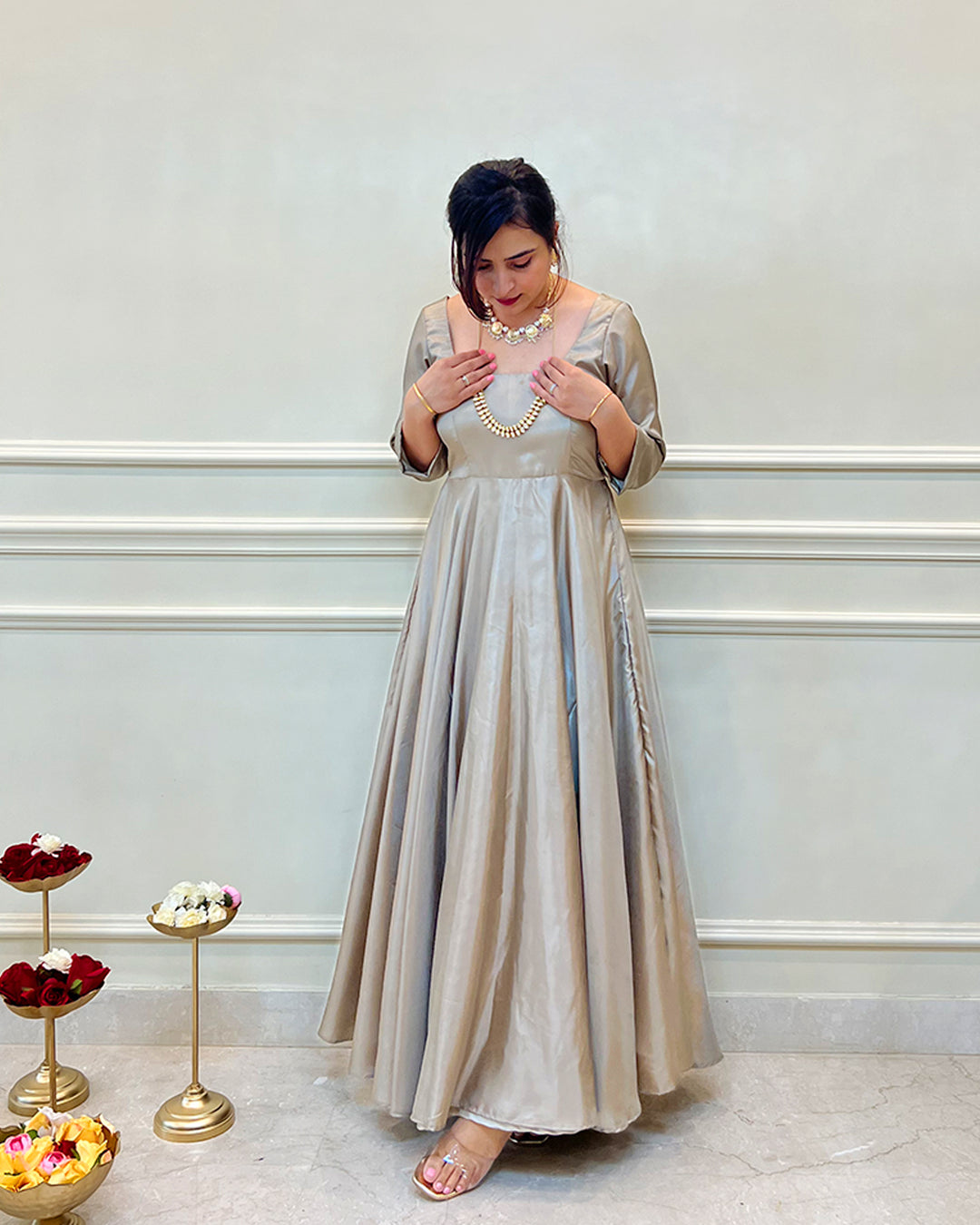 Beige Silk Swirl-Worthy Long Dress