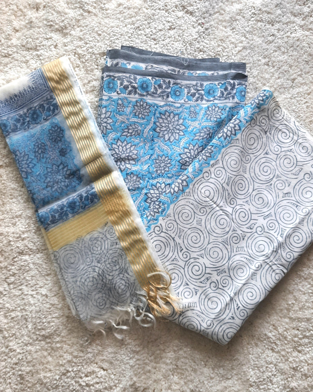 Blue White Block Printed Unstitched Cotton Suit - Set of 3