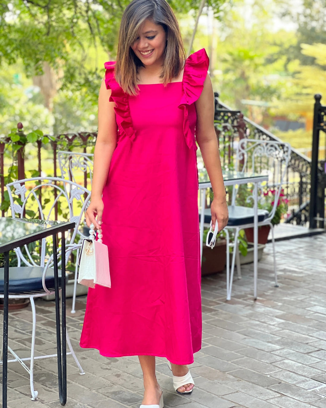 Deep Pink Cotton Frill Dress