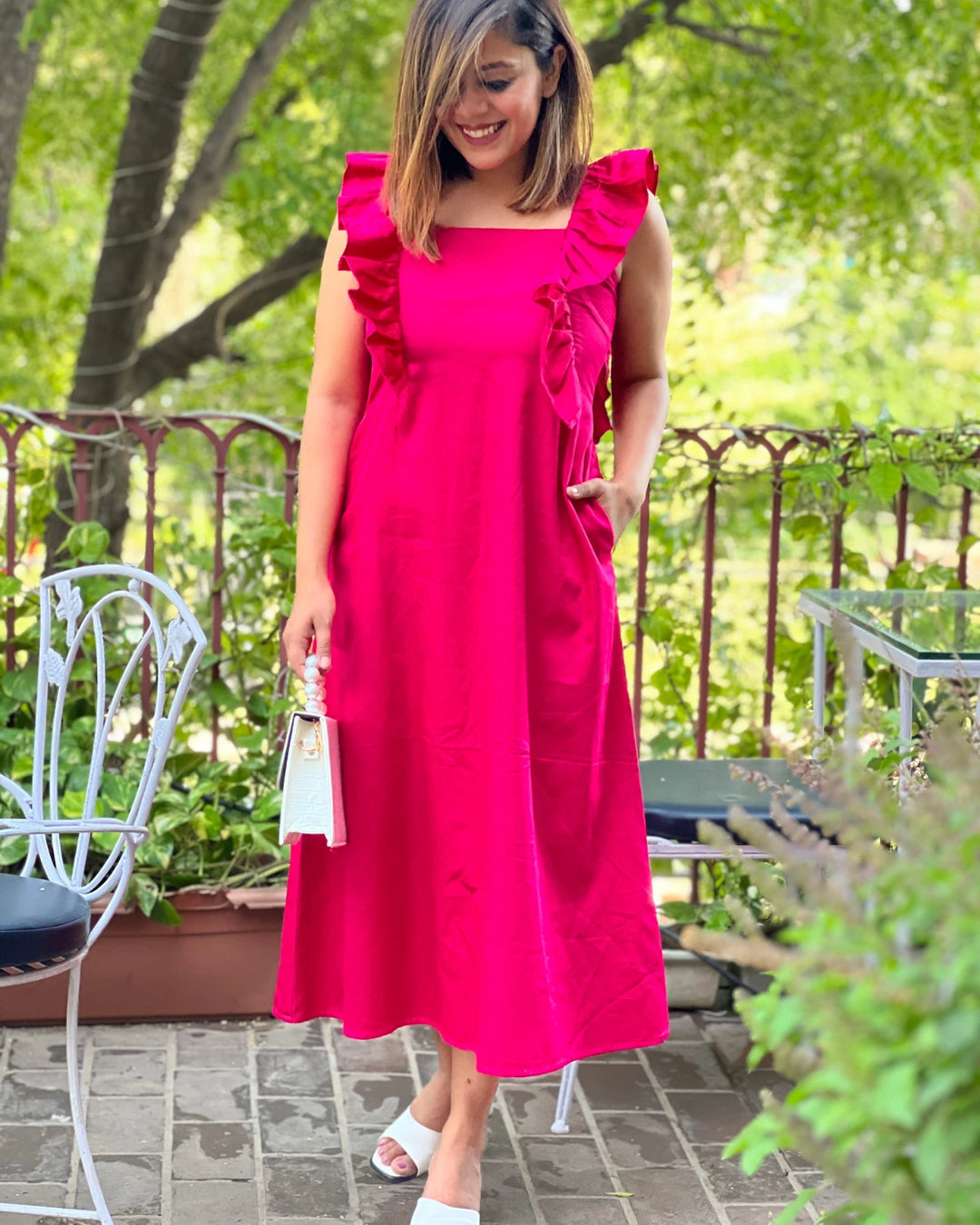 Deep Pink Cotton Frill Dress