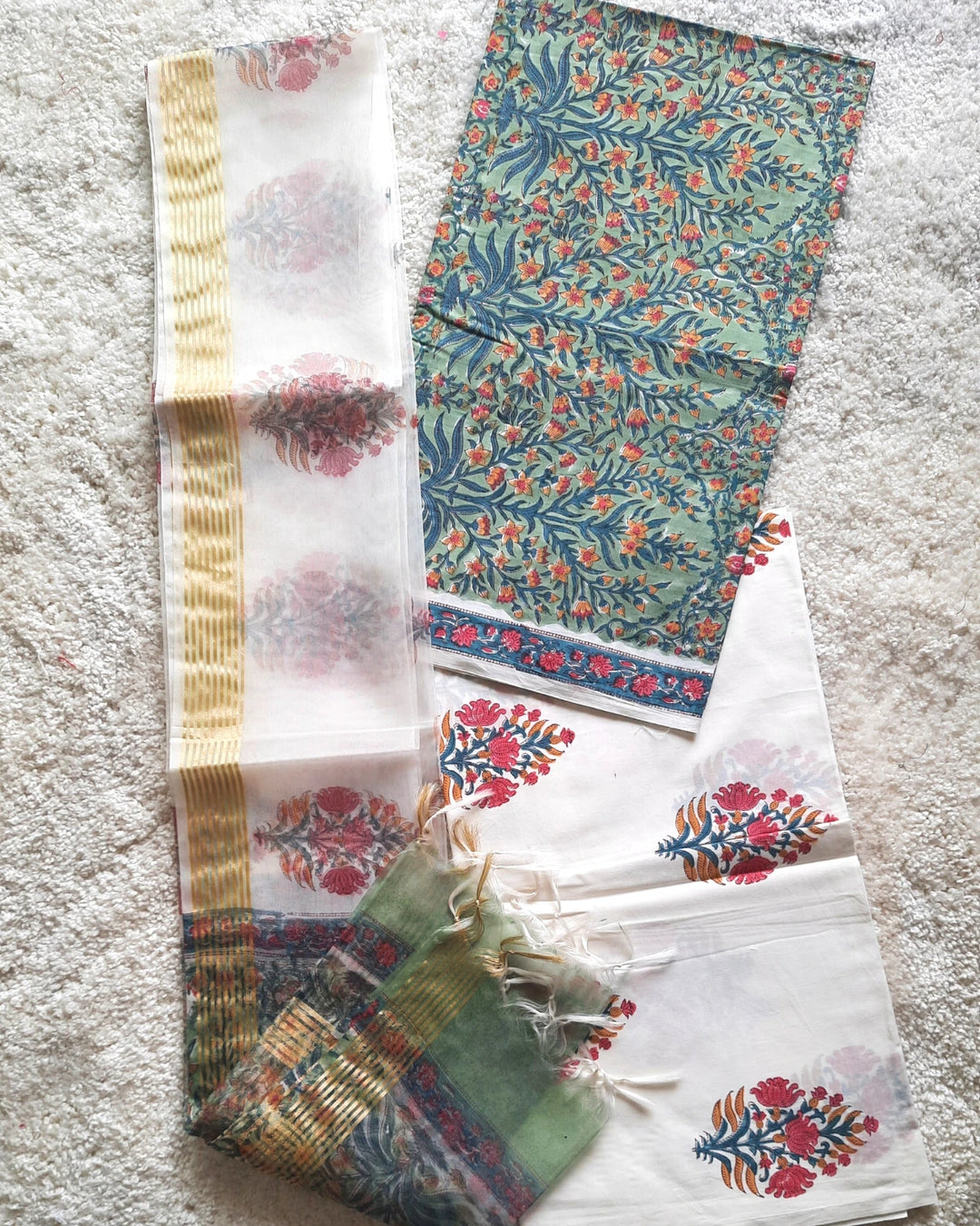 Green Orange Floral Printed Cotton Unstitched Suit - Set of 3