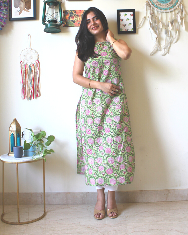 Pear Green Sleeveless Cotton Kurta