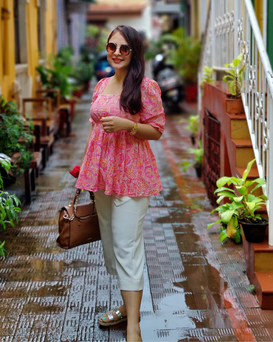 Pink Peplum Puff Sleeves Top In Floral Print