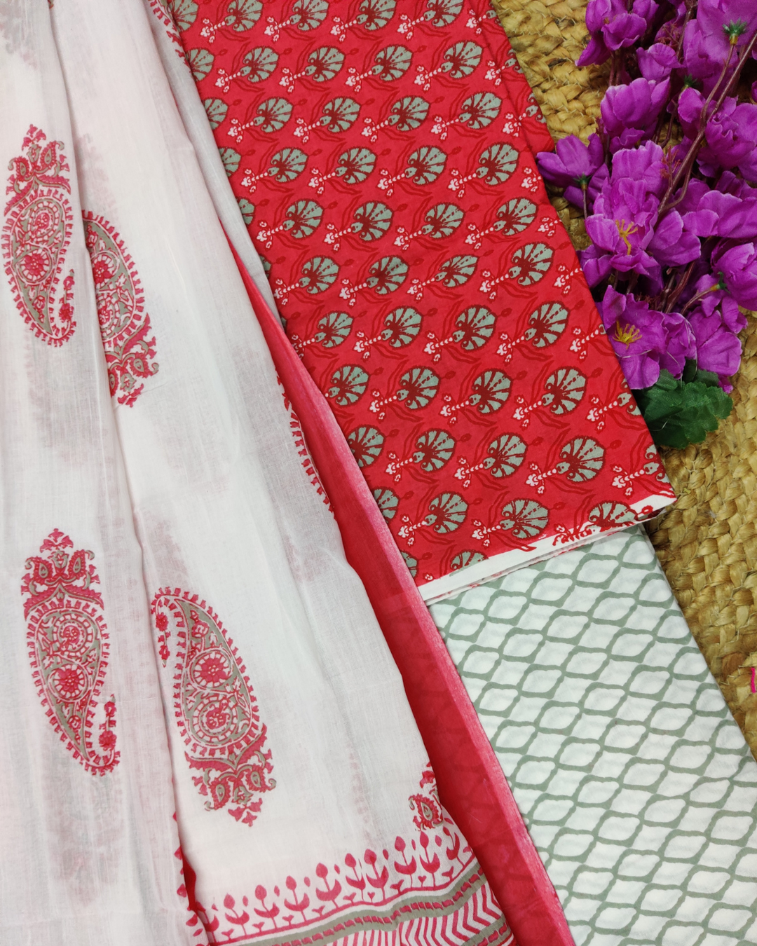 Red and Green Block Printed Unstitched Suit Piece