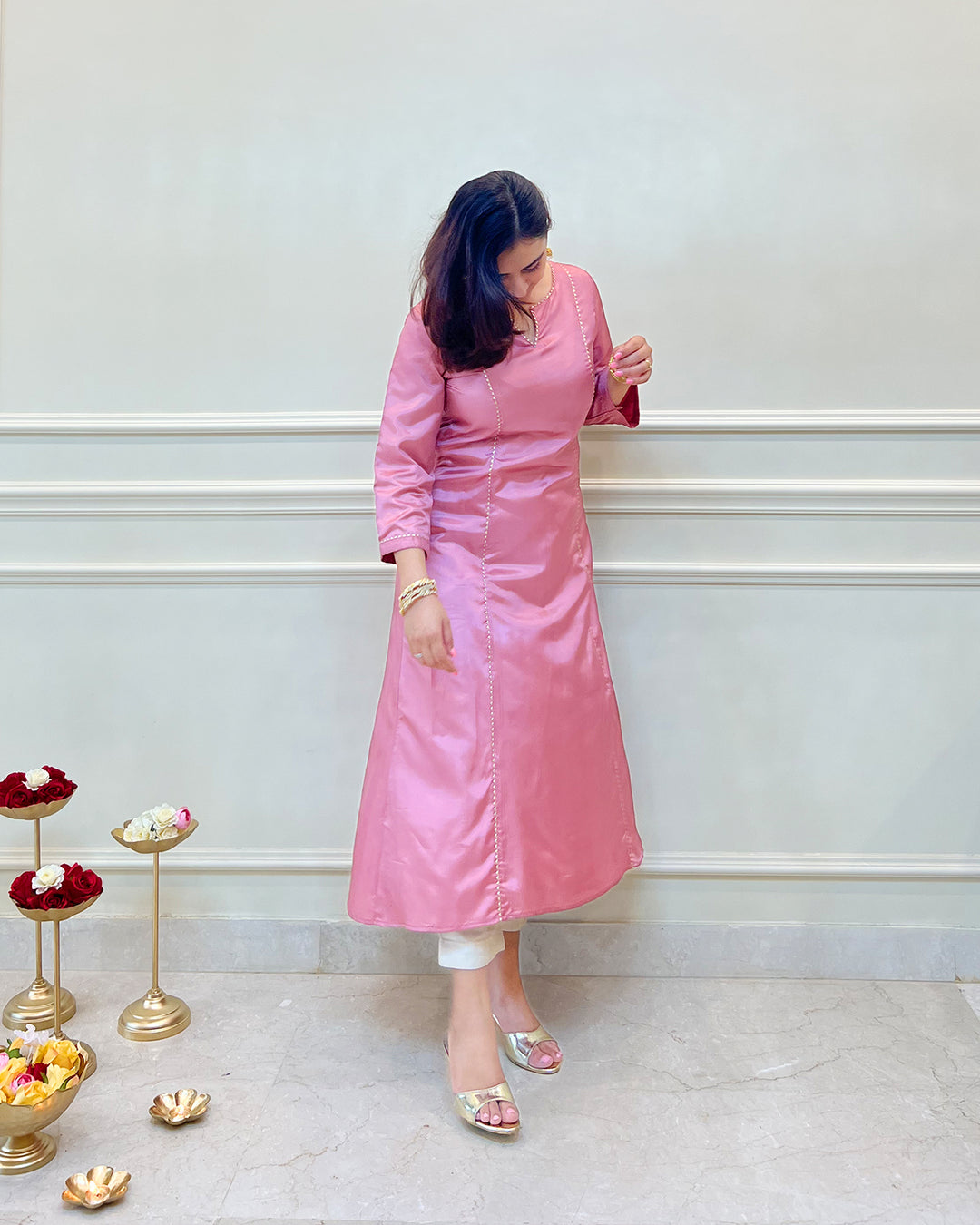 Rose Pink Silk Lace Kurta, Palazzo  & Dupatta - Set of 3