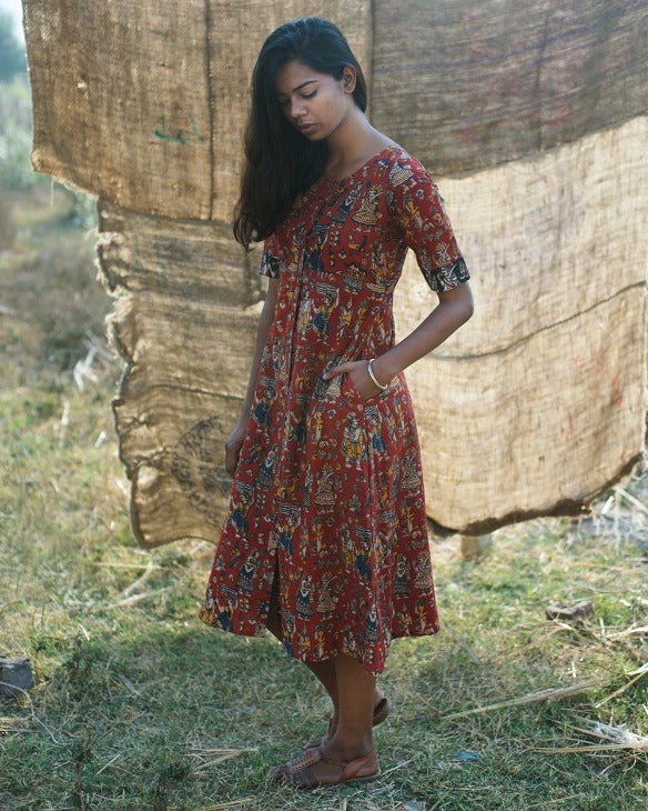 Raja Rani Kalamkari Shirt Dress In Red – The Svaya