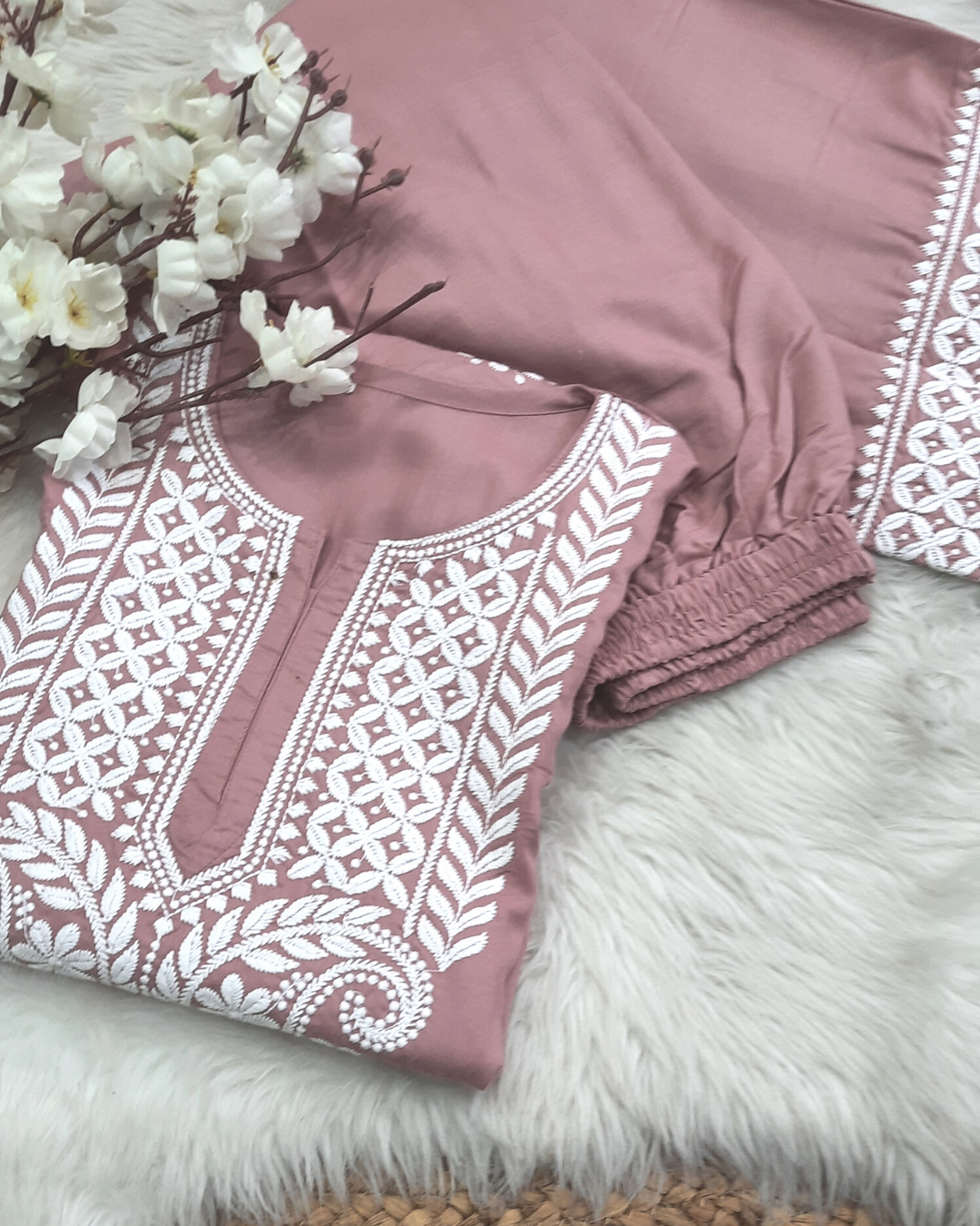 Salmon Pink Chikankari Kurta Palazzo - Set of 2
