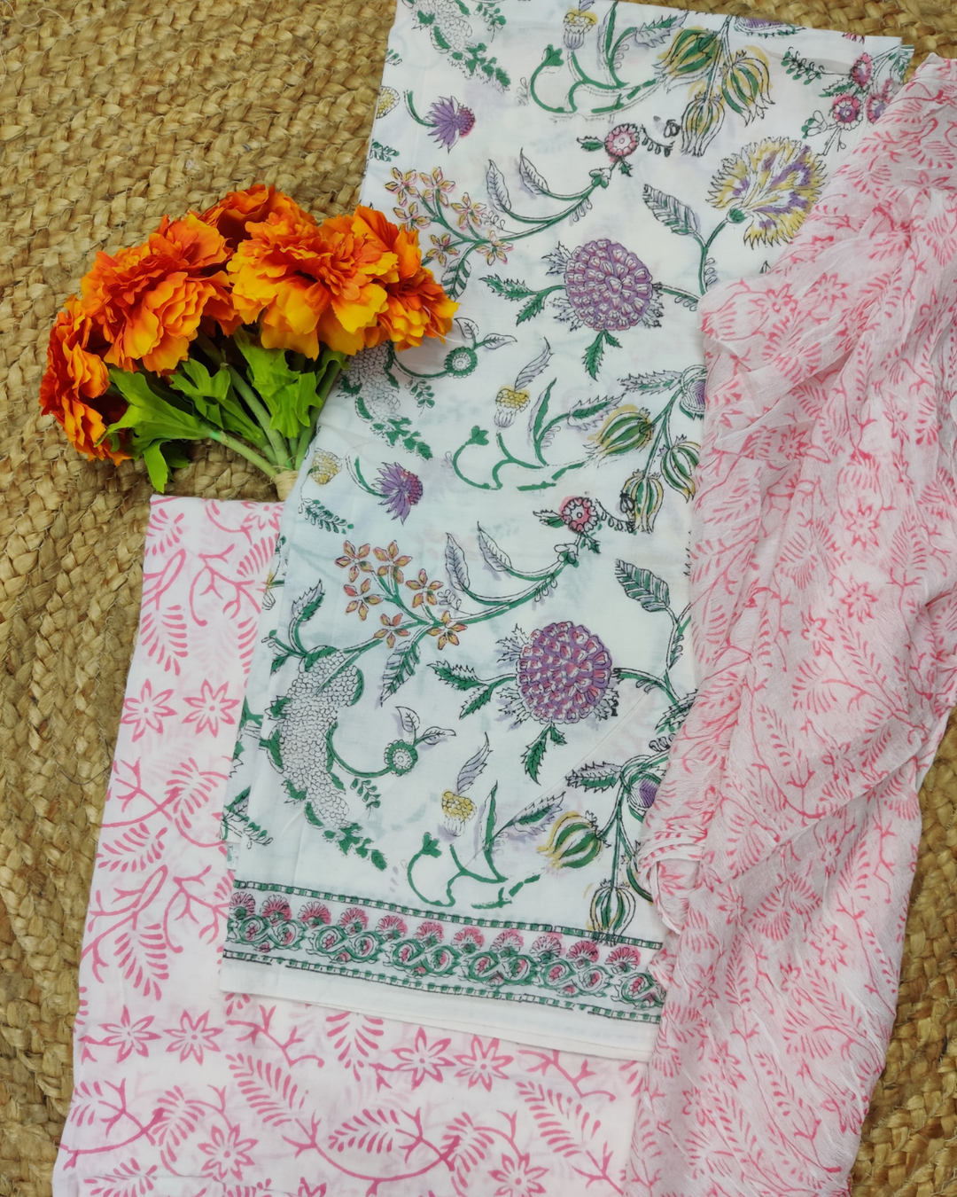 Summer Bloom Printed White Cotton Unstitched Suit Fabric