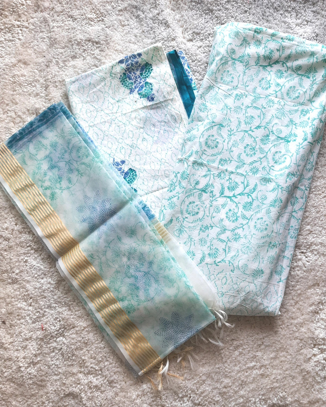 White Green Floral Printed Cotton Set With Organza Dupatta - Set of 3