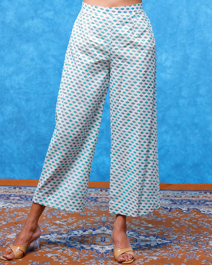 White Leaf Printed Laced Palazzo