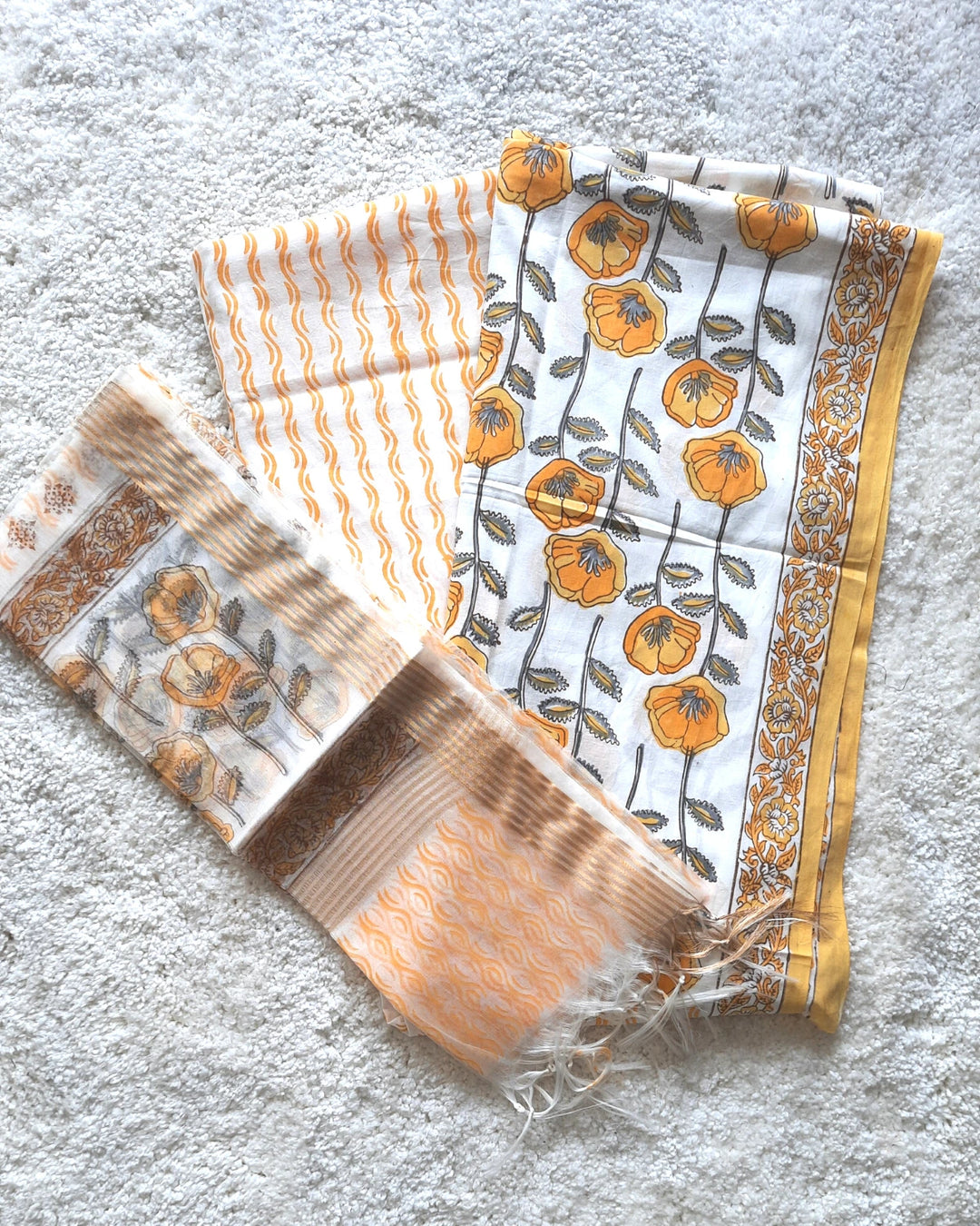White Yellow Floral Printed Cotton Unstitched Suit - Set of 3