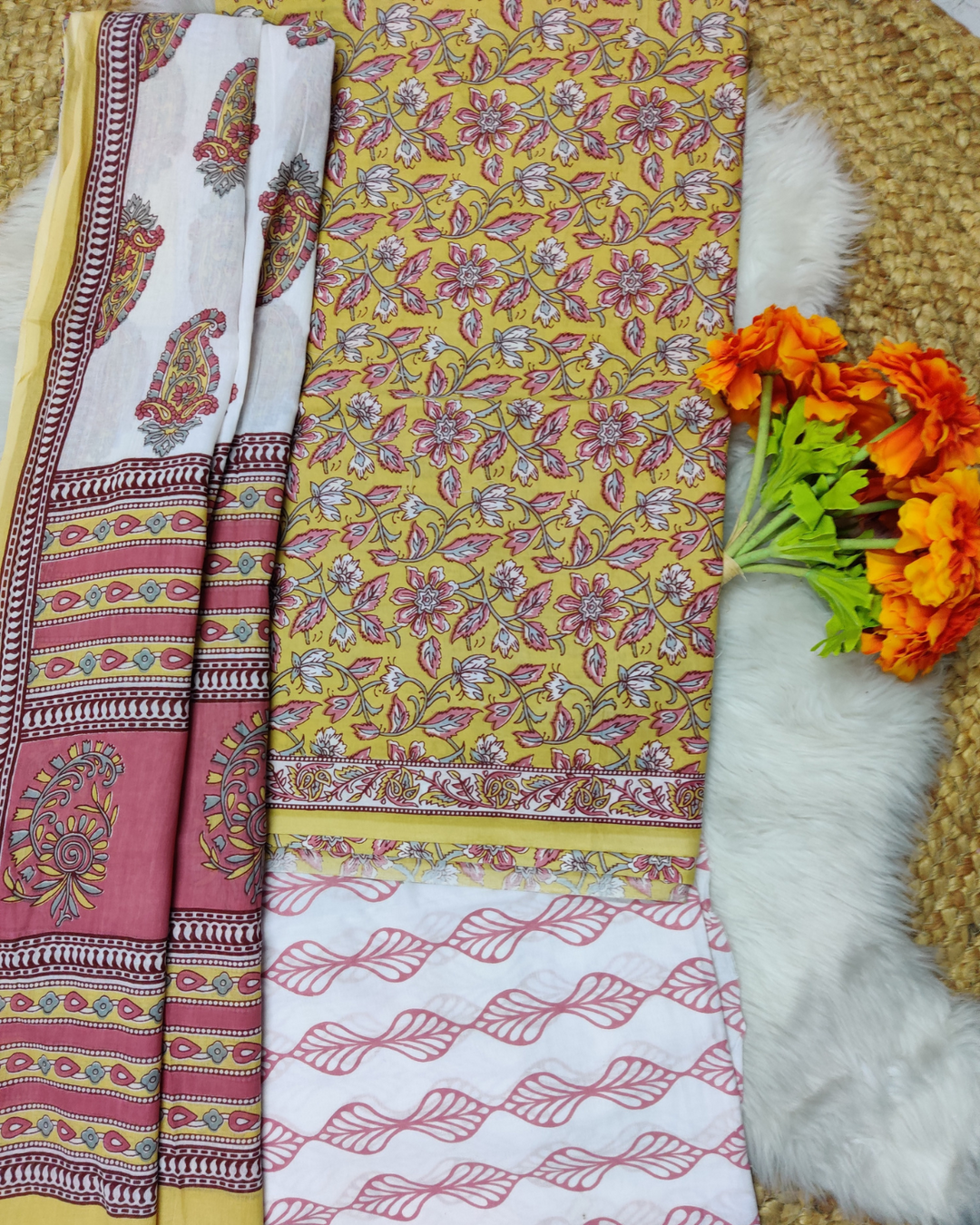 Musturd Yellow Floral Printed Cotton Unstitched Suit