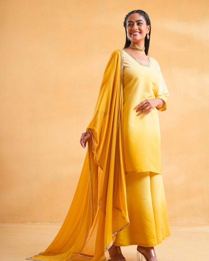 Sunshine Yellow Ombre Festive Suit With Dupatta For Women - Set of 3