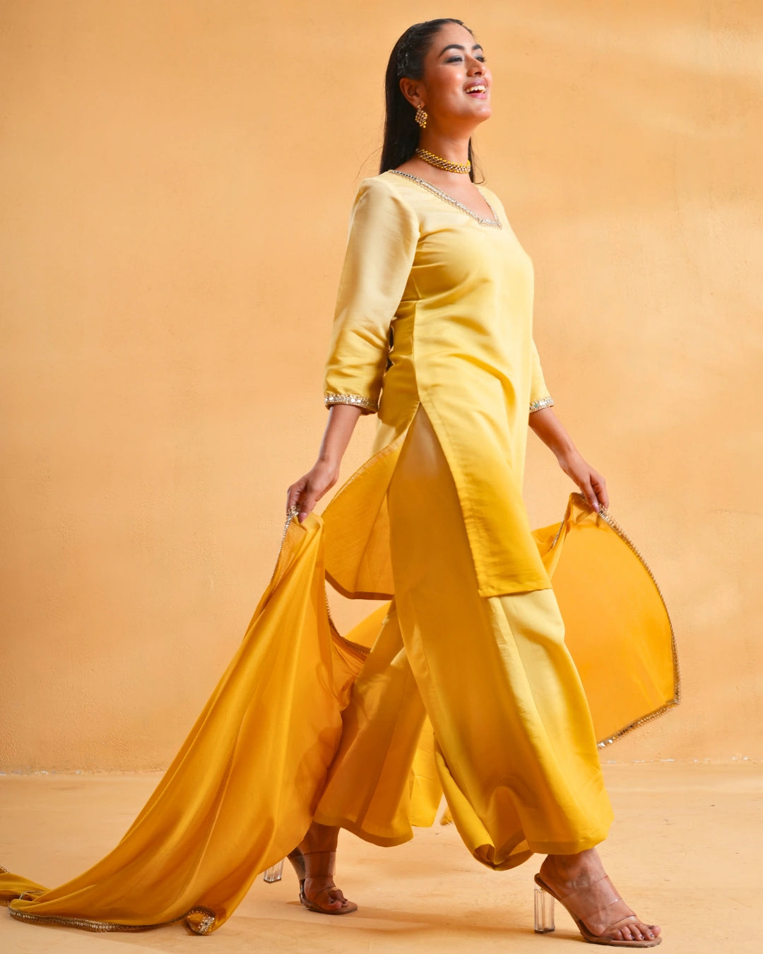 Sunshine Yellow Ombre Festive Suit With Dupatta For Women - Set of 3