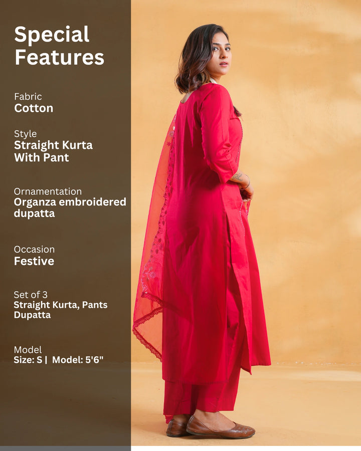 Rani Red Cotton Suit For Women With Dupatta - Set of 3