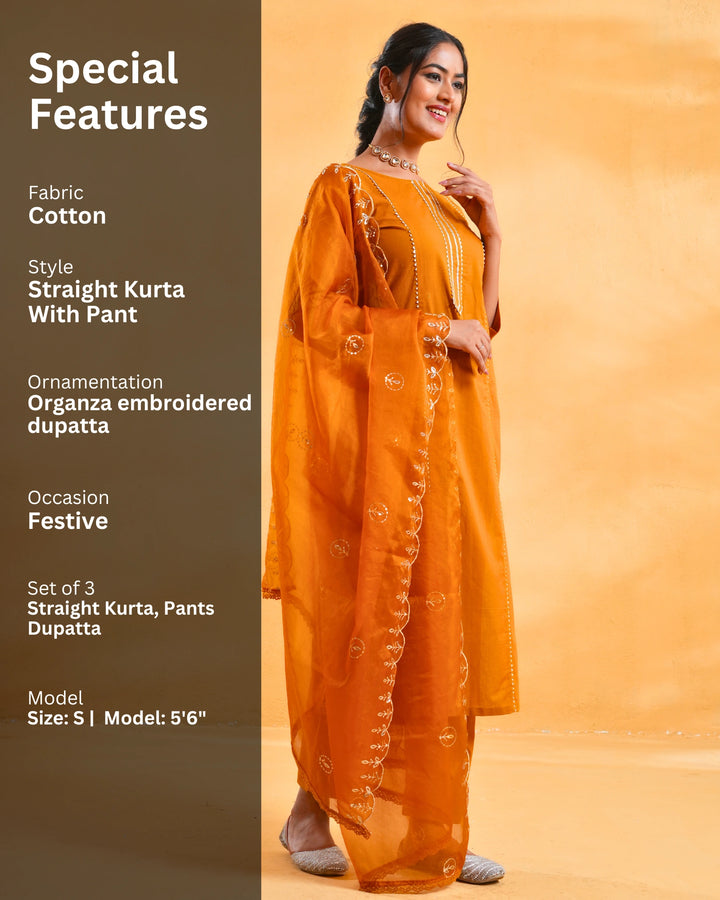 Mustard Yellow Cotton Suit For Women - Set of 3