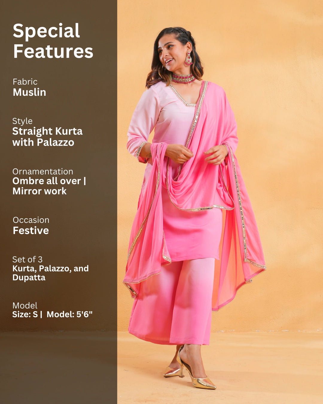 Blush Pink Ombre Festive Suit With Dupatta For Women - Set of 3