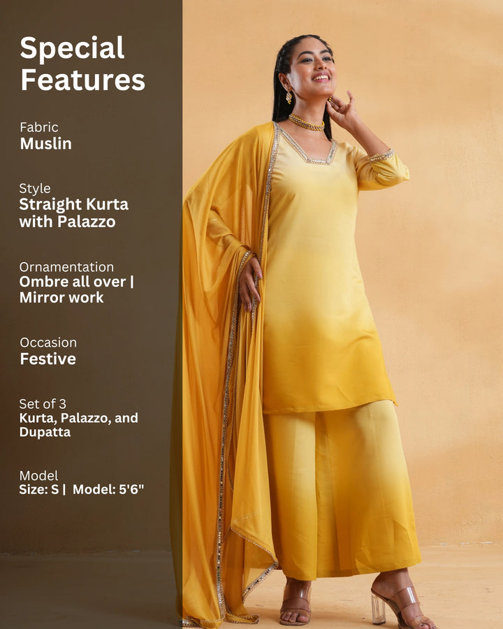 Sunshine Yellow Ombre Festive Suit With Dupatta For Women - Set of 3