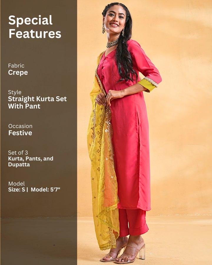 Fuchsia Pink Crepe Suit Set For Women - Set of 3