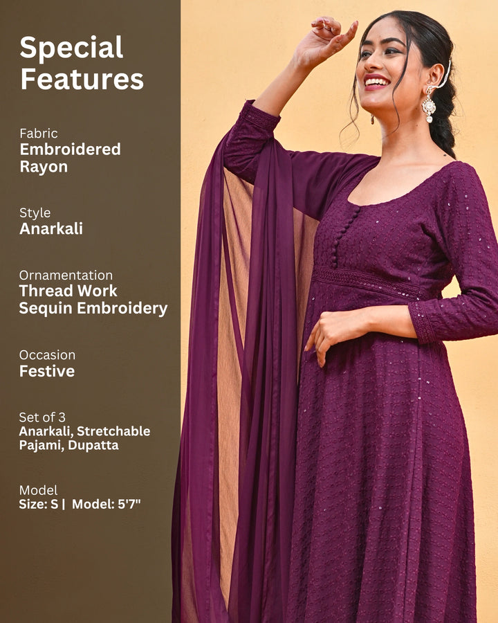 Glitter Glows Wine Anarkali Suit Set For Women