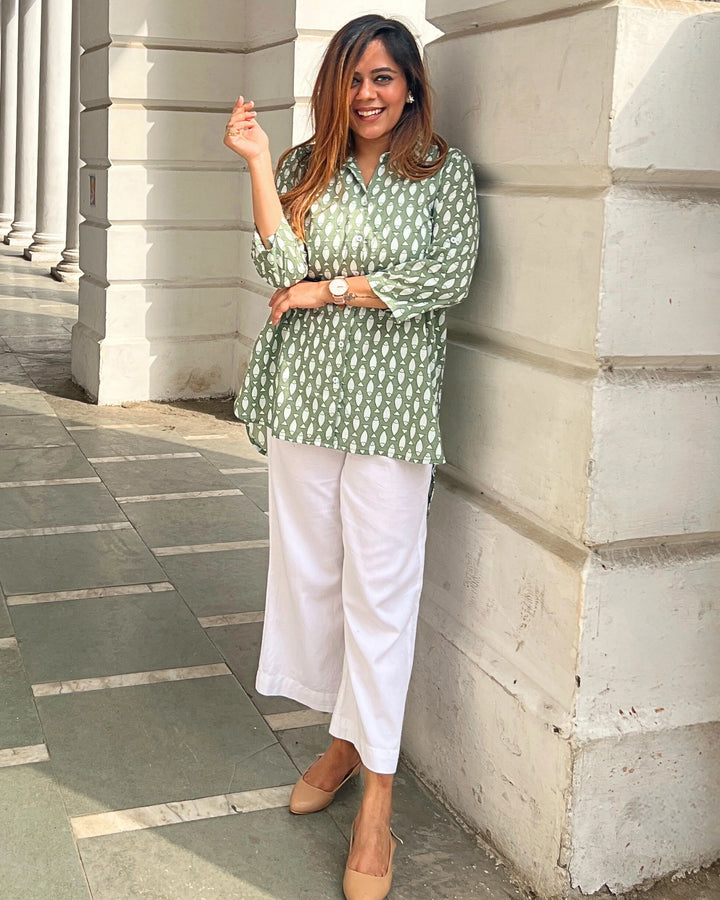 Green Buti Printed Long Cotton Shirt For Women
