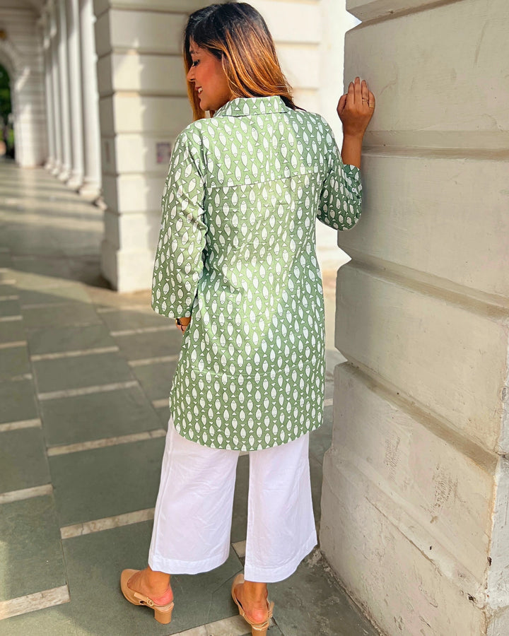 Green Buti Printed Long Cotton Shirt For Women
