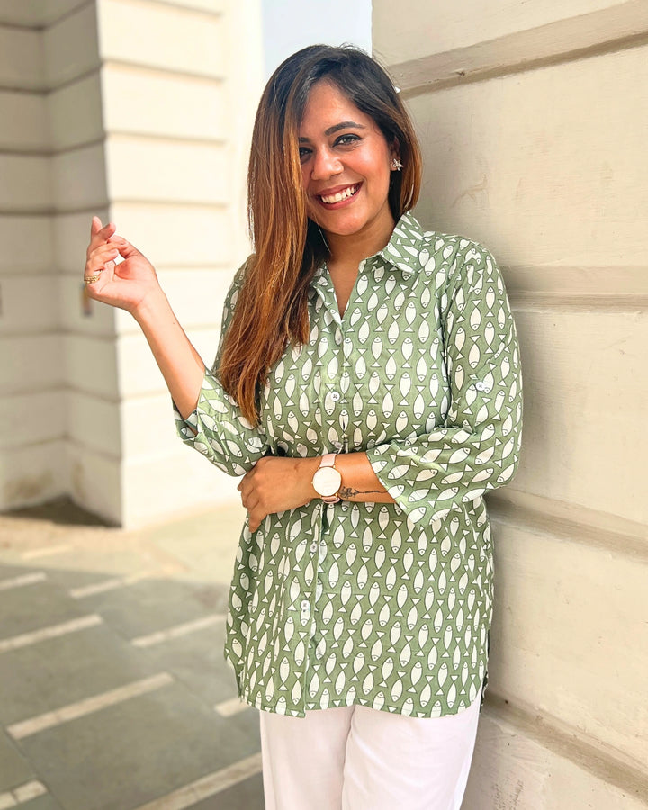 Green Buti Printed Long Cotton Shirt For Women