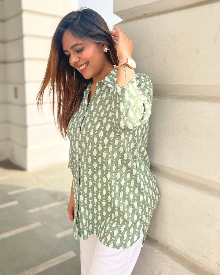 Green Buti Printed Long Cotton Shirt For Women