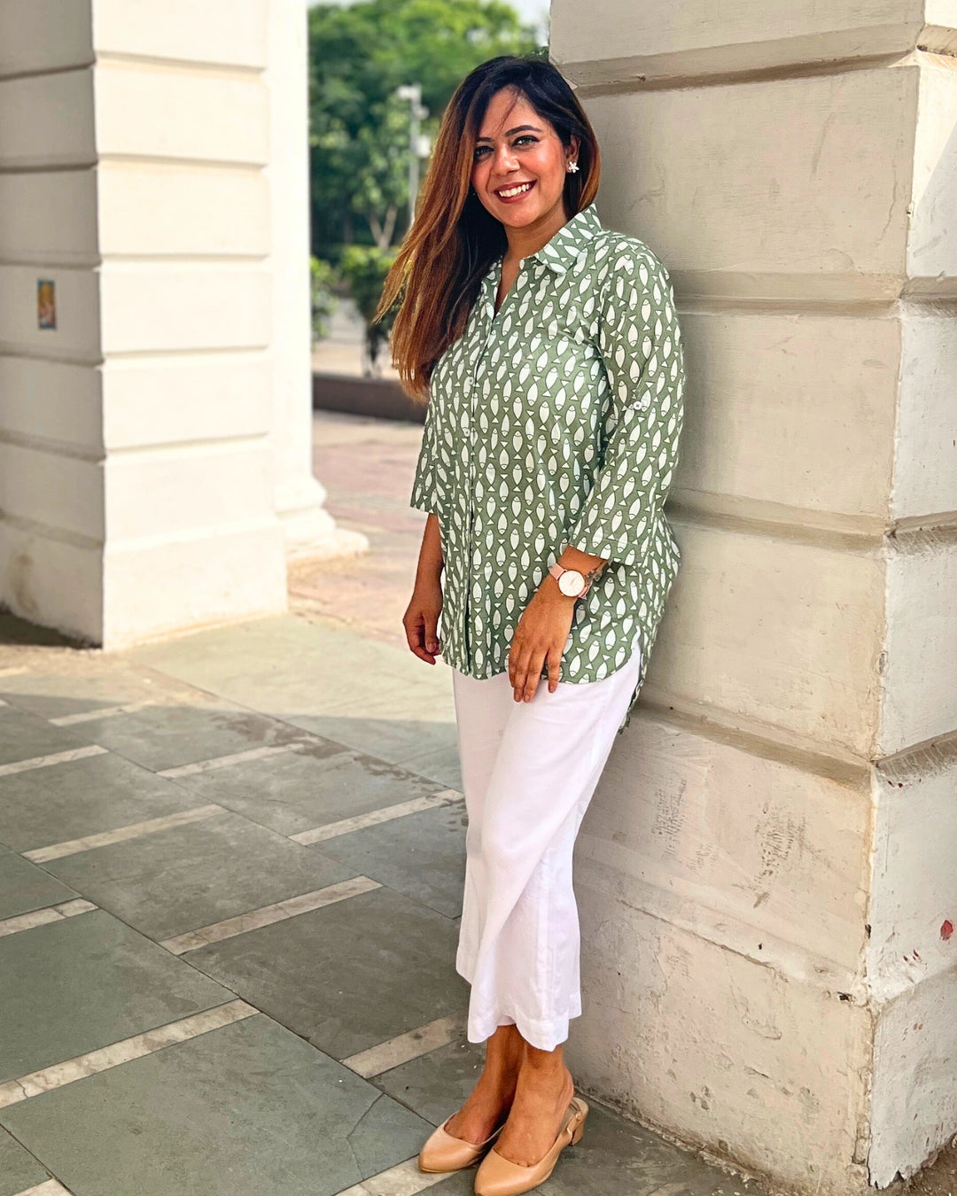 Green Buti Printed Long Cotton Shirt For Women