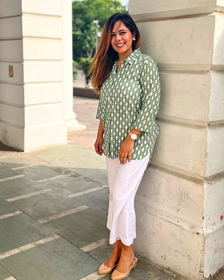 Green Buti Printed Long Cotton Shirt For Women