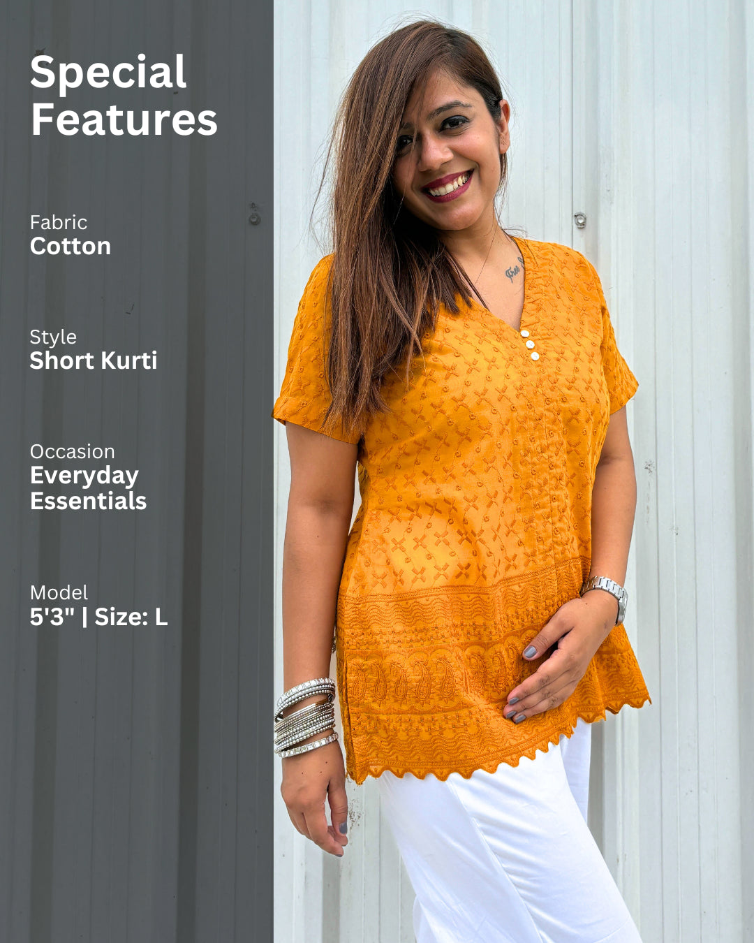 Mustard Yellow Cotton Embroidered Chikankari Short Kurti