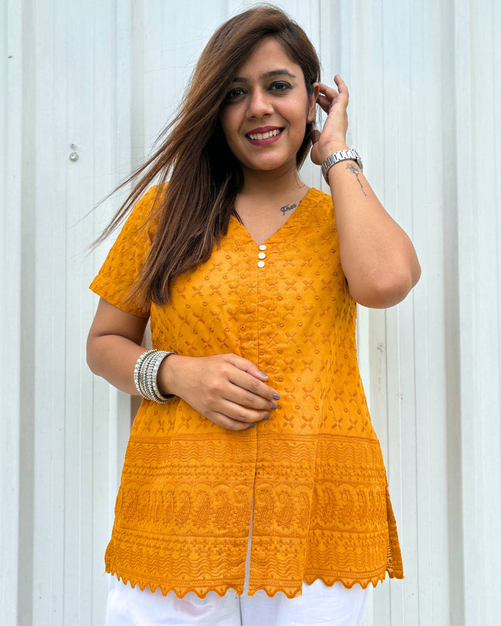 Mustard Yellow Cotton Embroidered Chikankari Short Kurti