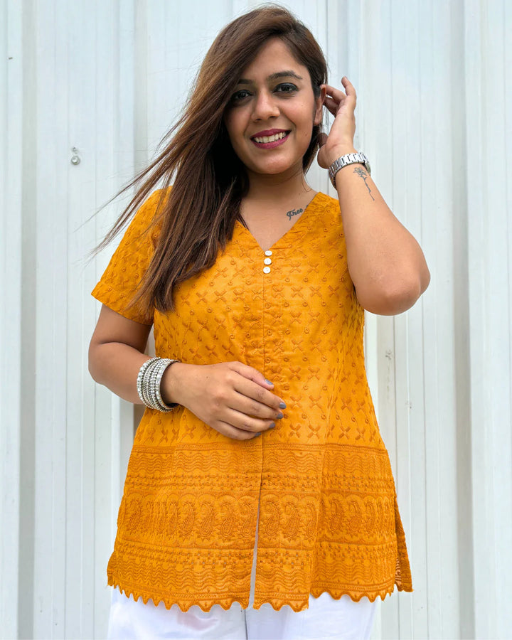 Mustard Yellow Cotton Embroidered chikankari short Kurti