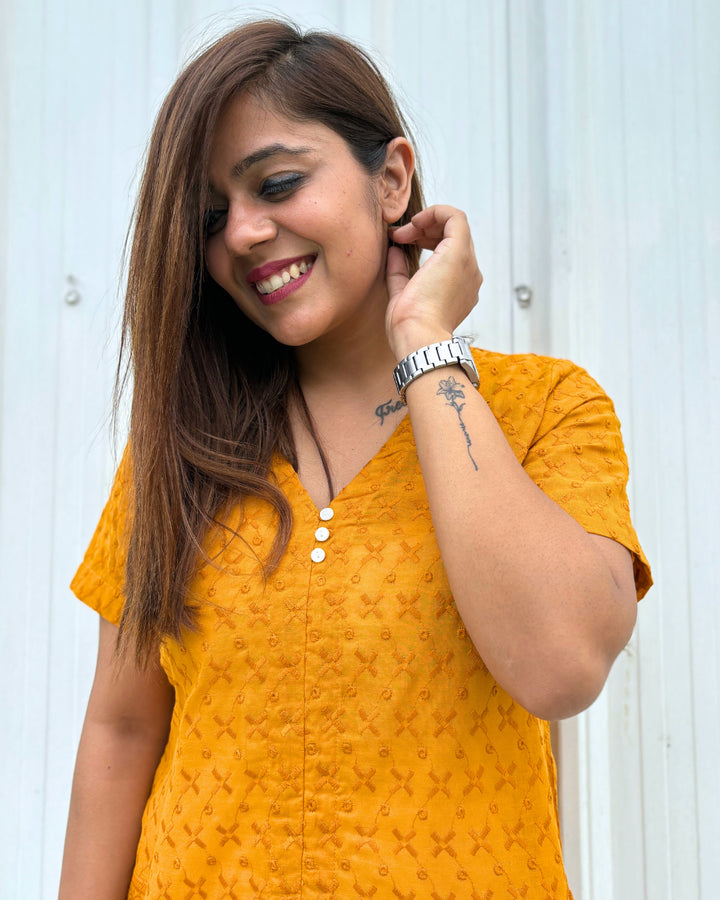 Mustard Yellow Cotton Embroidered Chikankari Short Kurti